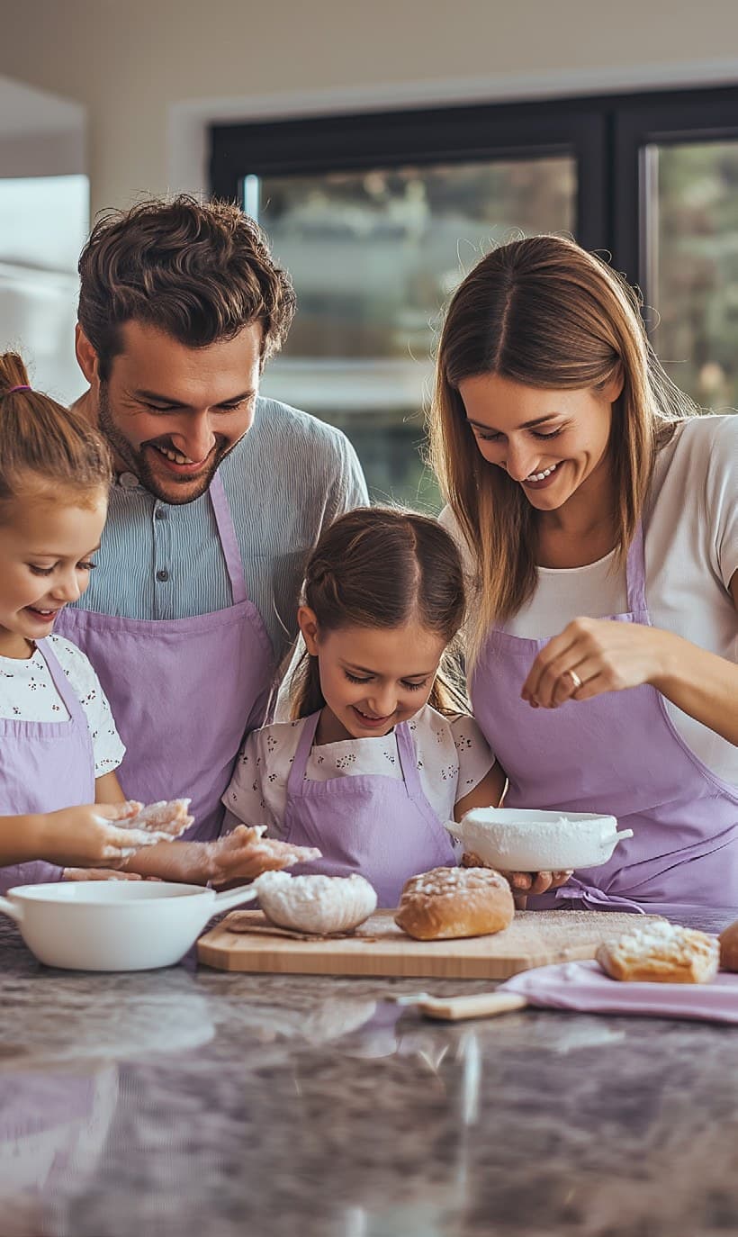 Family baking together on a granite worktop