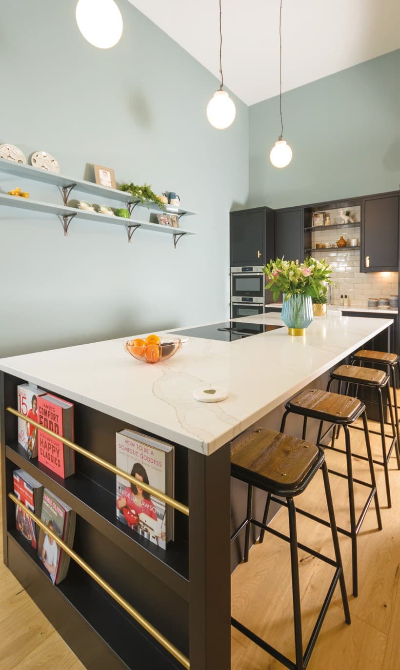 White worktop on a kitchen island with wooden bar stools